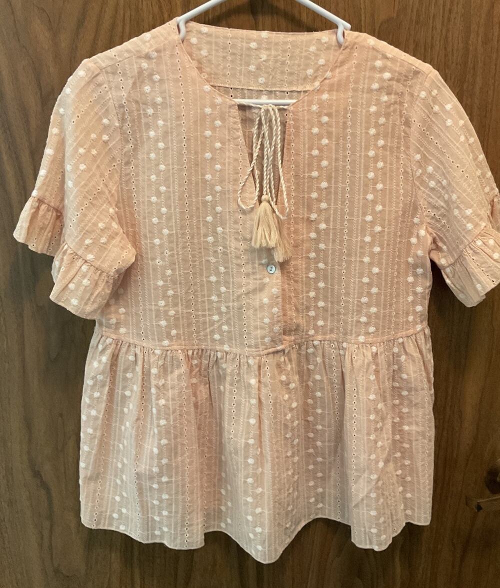 NEW Peachy Pale Orange Peasant Top Embroidered White Accents Large